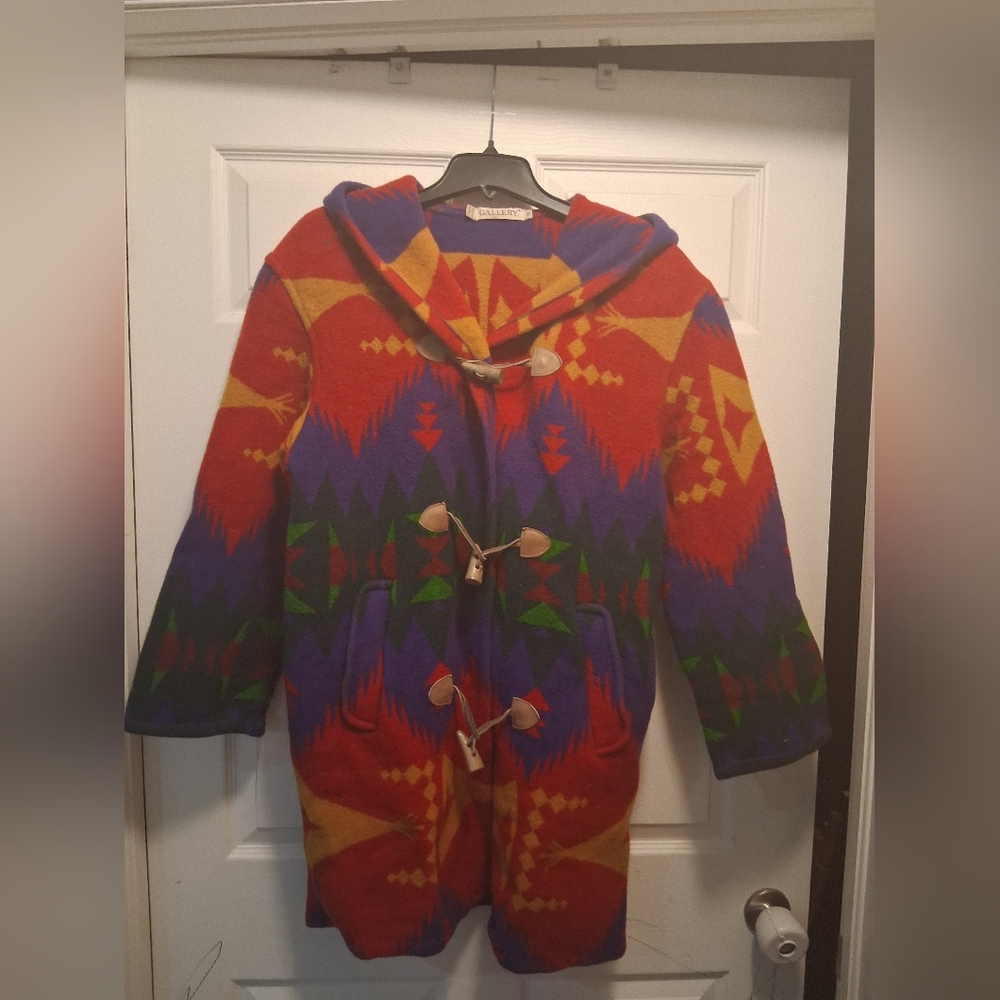 Gallery Aztec Design Wool Blanket Coat Womans Sz. M Vintage
